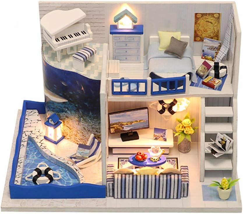 HHoo88 3D Wooden DIY Miniature Dollhouse Furniture Creative Decor Sea Style LED Light House for Party, Mini Handmade Craft Kits Xmas Gifts for Kids (with Dust Cover)