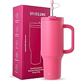 BriteLune 40oz Insulated Tumbler with Handle & Straw Lid | Keeps Cold for 30hrs, Hot12hrs | 100% Leakproof Stainless Steel Water Bottle | Cup holder friendly Travel Mug | Hot Pink