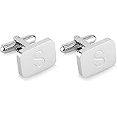 18K White-Gold Plated Initial Engraved Stainless Steel Men’s Cufflinks With Gift Box -Personalized Alphabet Letter’s A-Z By Lux & Pair