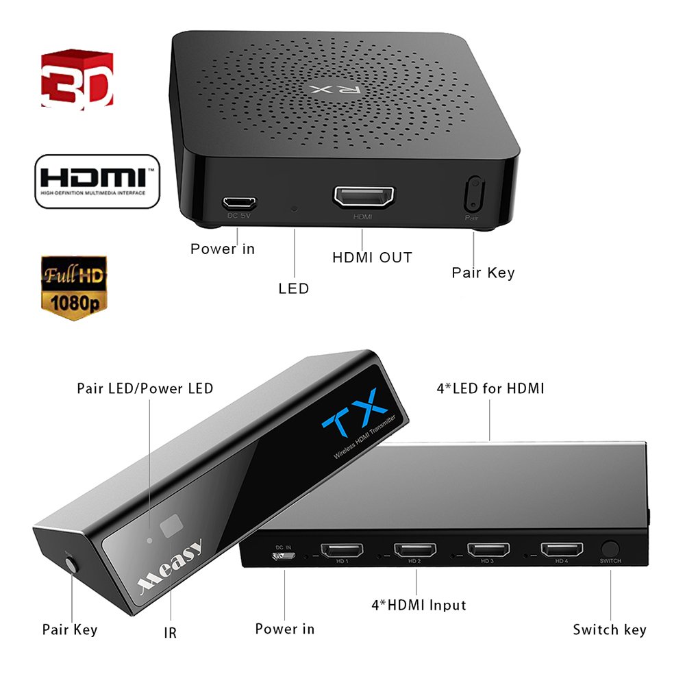 MEASY 4 x 1 Wireless Video HDMI Transmitter & Receiver for Streaming HD 1080p 3D Video & Digital Audio W2H MAX + VGA to HDMI