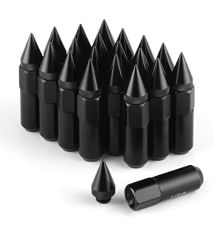 J2 Engineering M12x1.5 Spiky Cap Lug Nuts - Black 7075 Aluminum, 75mm Long, Set Of 20 With Adapter, Acorn Seat