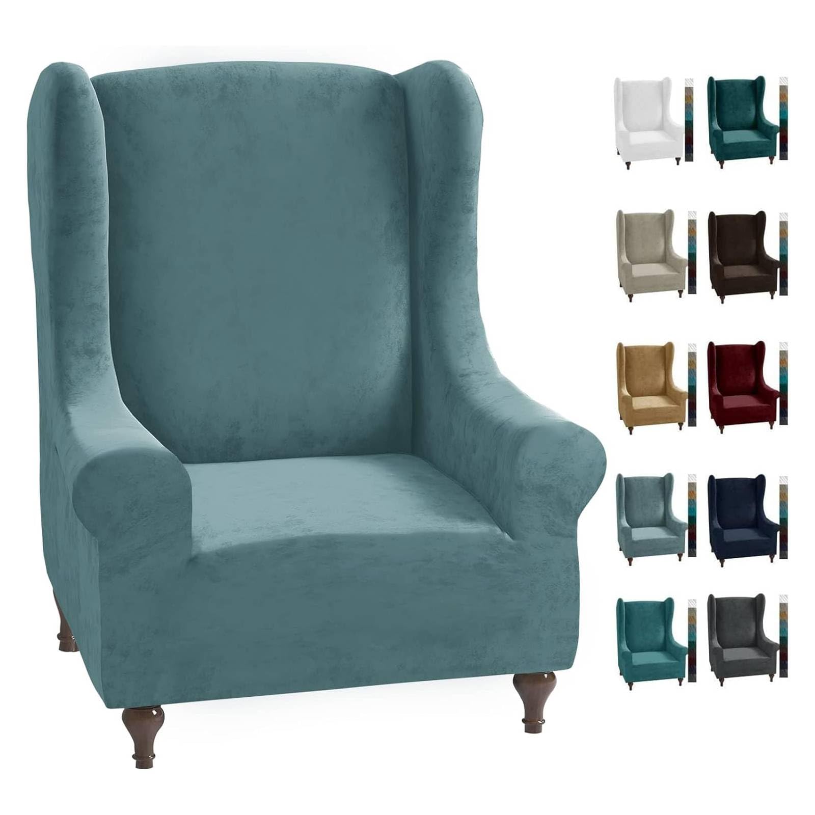 CHELZEN Stretch Velvet Wingback Chair Slipcover Soft Slipcovers for Wingback Chairs Wing Chair Cover with Elastic Bottom (Wing Chair, Dusty Blue)