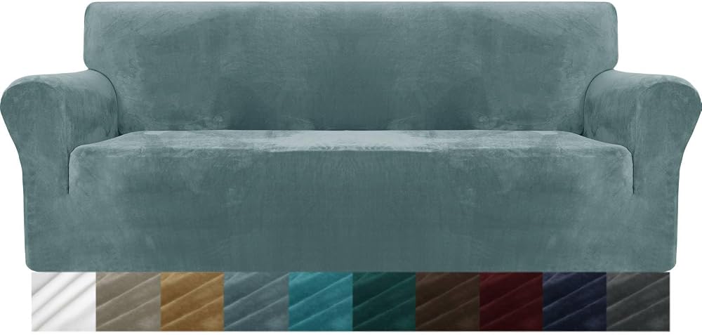 MAXIJIN Thick Velvet Sofa Cover 3 Seater Dusty Blue Non Slip Elastic