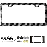 Aootf Carbon Fiber License Plate Frame- 100% Real Carbon Cloth Wrapped Stainless Steel Car Tag Cover, 1 Pack Black Holder with Anti Theft Screws Caps, Wide Edge 2 Hole