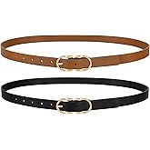 WERFORU 2Pack Thin Belts for Women Skinny Leather Belts for Jeans Pants Women Thin Leather Belt Black Belt with Gold Buckle