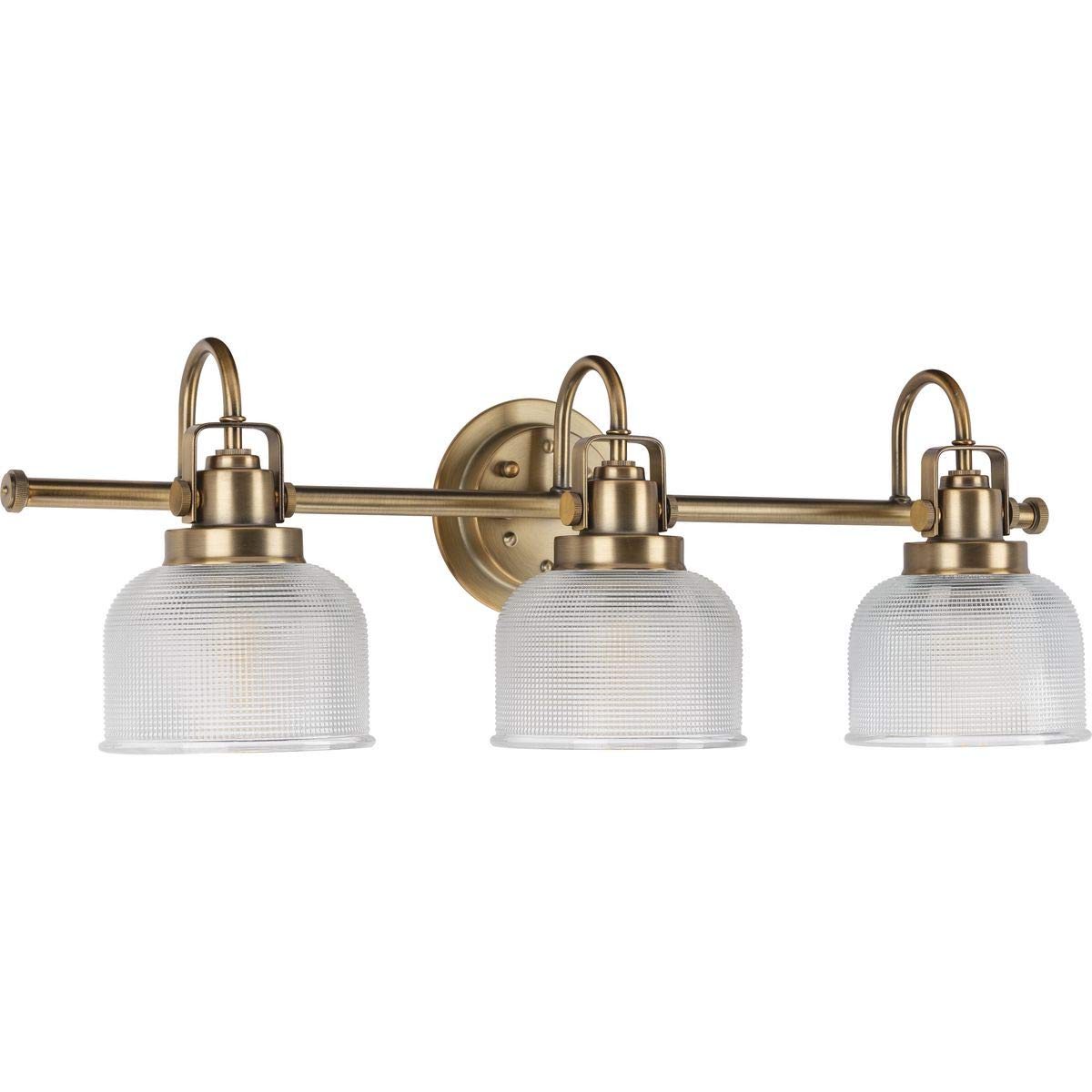 Progress Lighting P2992-163 Archie Collection Clear Double Prismatic Glass Coastal Bath Vanity, 3-Light, Vintage Brass Image