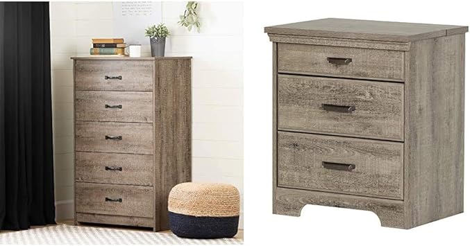 Amazon Com South Shore Tassio 5 Drawer Chest Weathered Oak Versa Nightstand With 2 Drawers And Charging Station Weathered Oak Furniture Decor