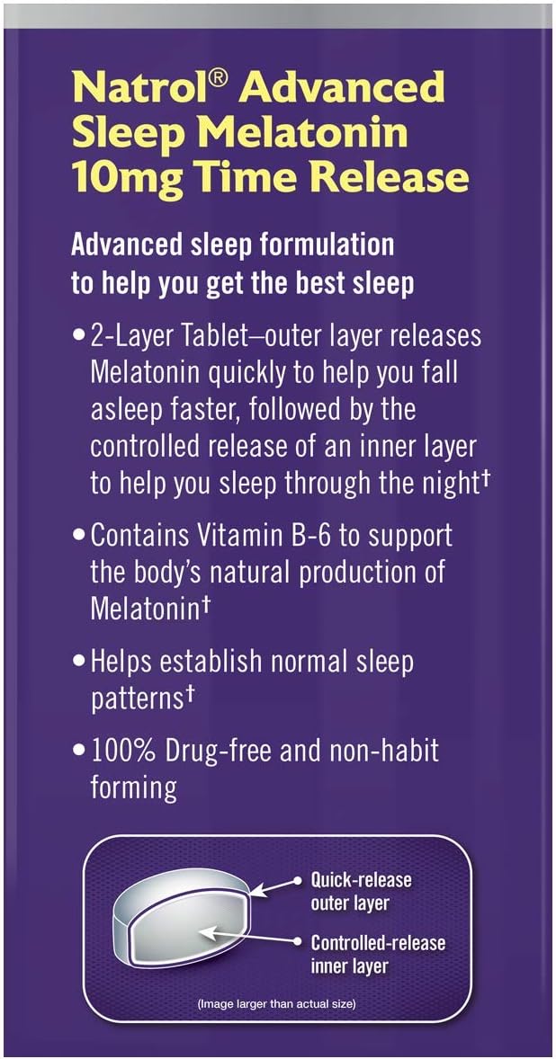 Natrol Melatonin Advanced Sleep Tablets with Vitamin B6, Helps You Fall Asleep Faster, Stay Asleep Longer, 2-Layer Controlled Release, 100% Drug-free, Maximum Strength, 10mg, 100 Count: Health & Personal Care