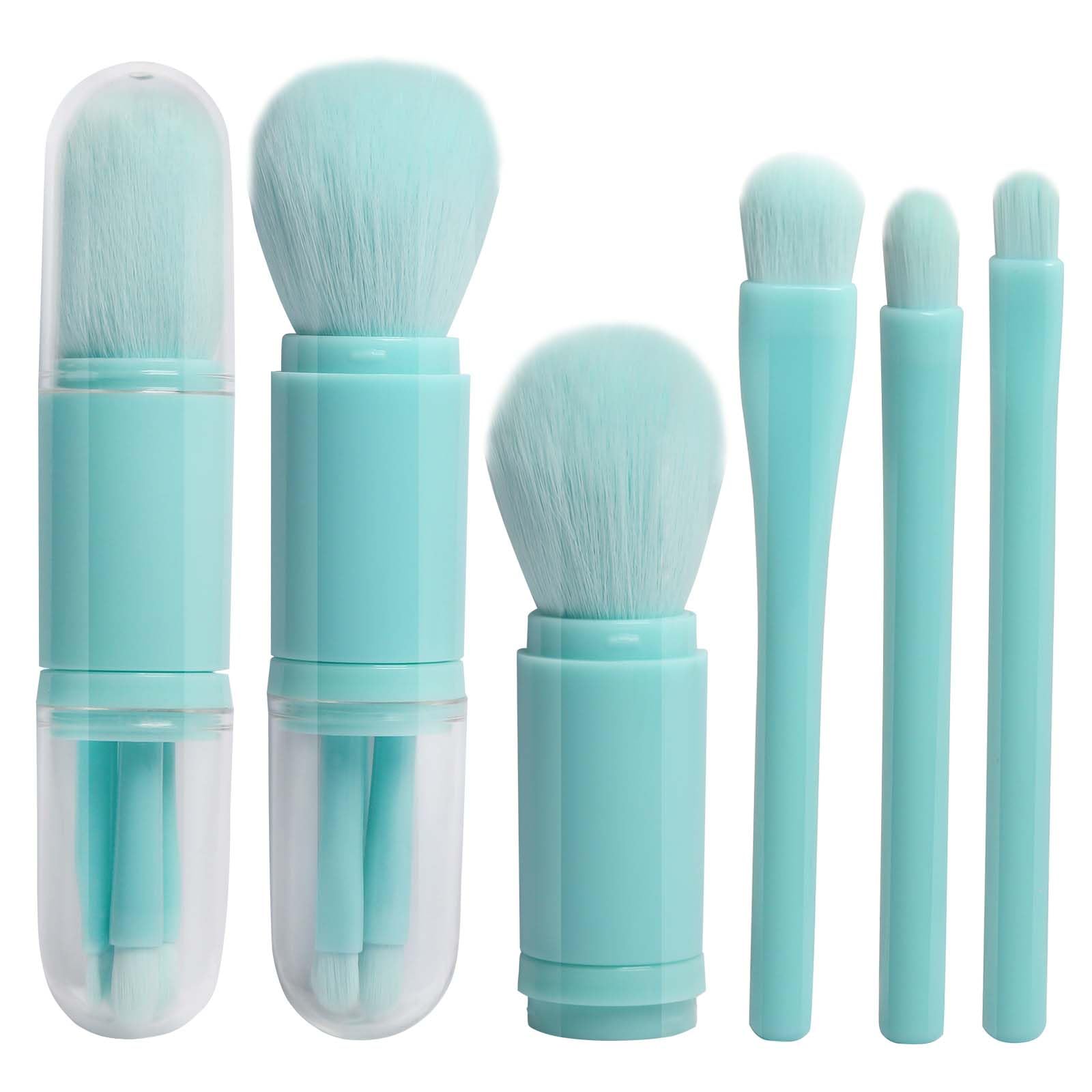 Travel Makeup Brush Set Portable, 4 in 1 Retractable Brush Make up Set with Holder, Travel Makeup Brushes Powder Eyeshadow Multifunctional Face Small Make up Brush Set (Blue)