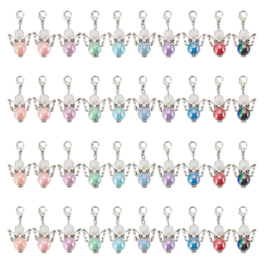 HOBBIESAY 40Pcs 10 Colors Angel Bead Pendants 38mm Wing Clip on Charms Colorful Acrylic Angel Wing Pendants with Lobster Claw Clasps for Jewelry Making