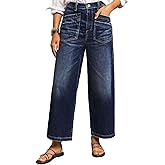 Flamingals Wide Straight Leg Jeans for Women Mid Rise Baggy Flap Pocket Raw Hem Cropped Denim Jeans