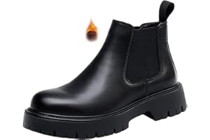 QOOEL Men's Genuine Leather Slip On Chunky Platform Chelsea Boots Luxury Round Toe Lug Sole Work Dress Boots Casual Non Slip Ankle Boots