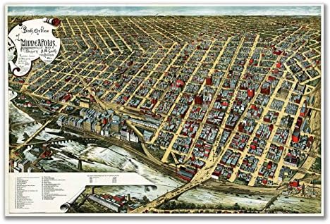 Birds Eye View Wall MAP of MINNEAPOLIS MINNESOTA circa 1891 - measures 36" wide x 24" high (915mm wide x 610mm high)