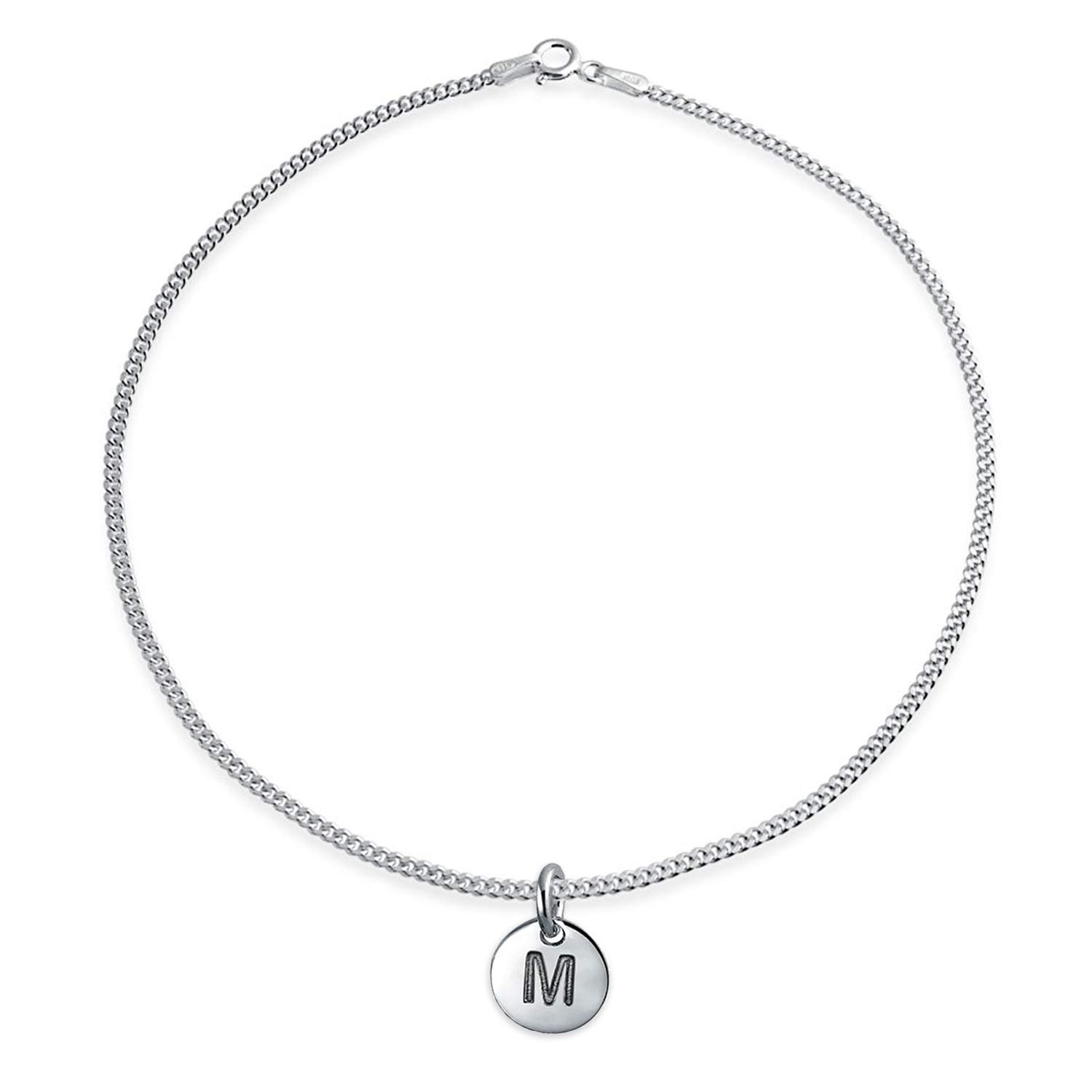 Bling Jewelry Tiny Minimalist ABC Round Disc Block Letter Alphabet M Initial Anklet For Teen For Women .925 Sterling Silver 9 Inch