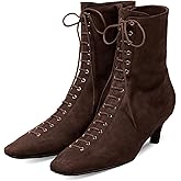 SEIFIN Kitten Heel Boots For Women Suede Lace Up Ankle Boots Square Toe Low Heel Short Booties Comfortable Soft Side Zipper Dressy Fall Winter Booties Shoes,Dark Brown Suede,Pepper,US7.5