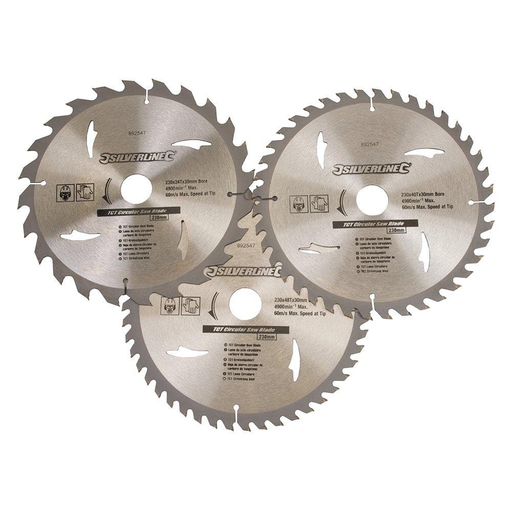 Silverline 892547 TCT Circular Saw Blades 24, 40, 48T 3pk 230 x 30 - 25, 20, 16 mm Rings