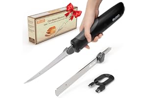 VLOXO Cordless Electric Knife, Rechargeable Electric Knife with 2 Ti-Nitride S.S. Coated Non-Stick Blades Non-Slip Handle Saf