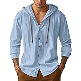 Mens Cotton Linen Button Down Hoodies Long Sleeve Casual Hoodies Hawaiian Beach Top Lightweight Fashion Shirts
