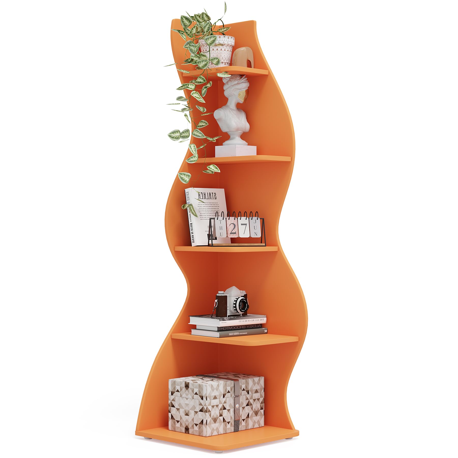 Tribesigns Corner Shelf, Modern 5-Tier Wall Corner Bookshelf, Stylish Corner Small Bookcase Storage Rack Plant Stand with Unique Shape for Living Room, Home Office (Orange, 1PC) Image