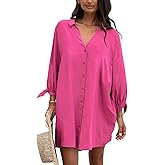 CUPSHE Women Shirt Mini Summer Dress Cover Ups 3/4 Sleeve Cuff Tie Button Down Holiday Sundress Beach Cover Up Dress