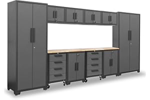 Torin 12 Piece Garage Storage Cabinet Set: Workshop Tool Organizer Chest with Lockers, Shelves and Wood Workbench, Black/Grey