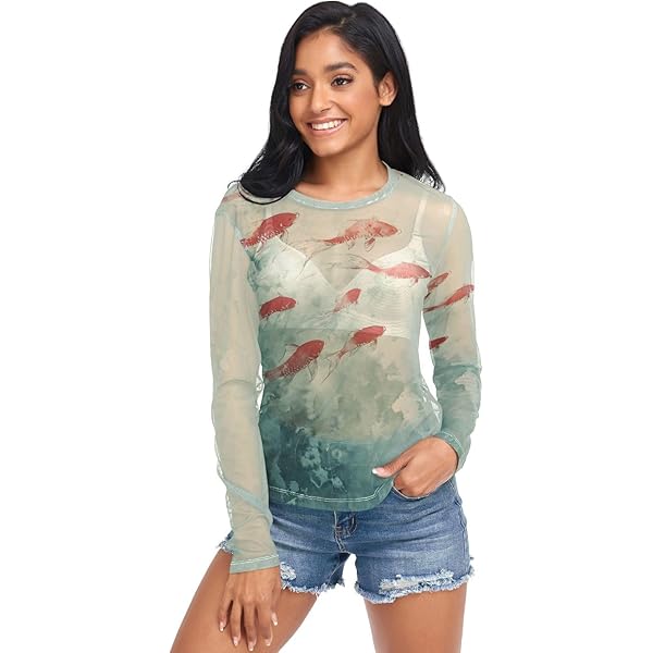 YMGQYJ Women's Sheer Mesh Top Long Sleeve Luxurious Marble Print