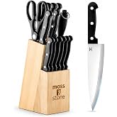 Moss &amp; Stone 14 Pcs Kitchen Knife Set with Block, Stainless Steel | Premium forged kitchen knives with high-carbon sharp blades, ergonomic handle, rust-resistant knife block set for home &amp; chef