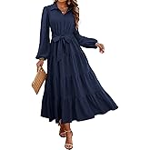 dowerme Women's Long Sleeve Dress 2026 Button Down Belted A-Line Flowy Spring Outfits Ruffle Maxi Holiday Party Dresses