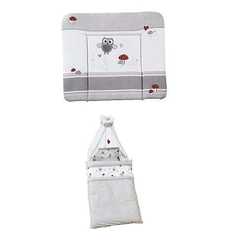 roba Wickelauflage 'Adam & Eule', weiche Wickelunterlage 85x75cm, grau kariert + Kinder-Bettgarnitur 4-tlg, Babybett-Ausstatt