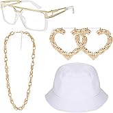 PHOGARY 80s / 90s Hip Hop Costume Kit, Rapper DJ Outfits Punk Gold Chain Bucket Hat Vintage Glasses Bamboo Hoop Earrings for Women/Men (Style B White)
