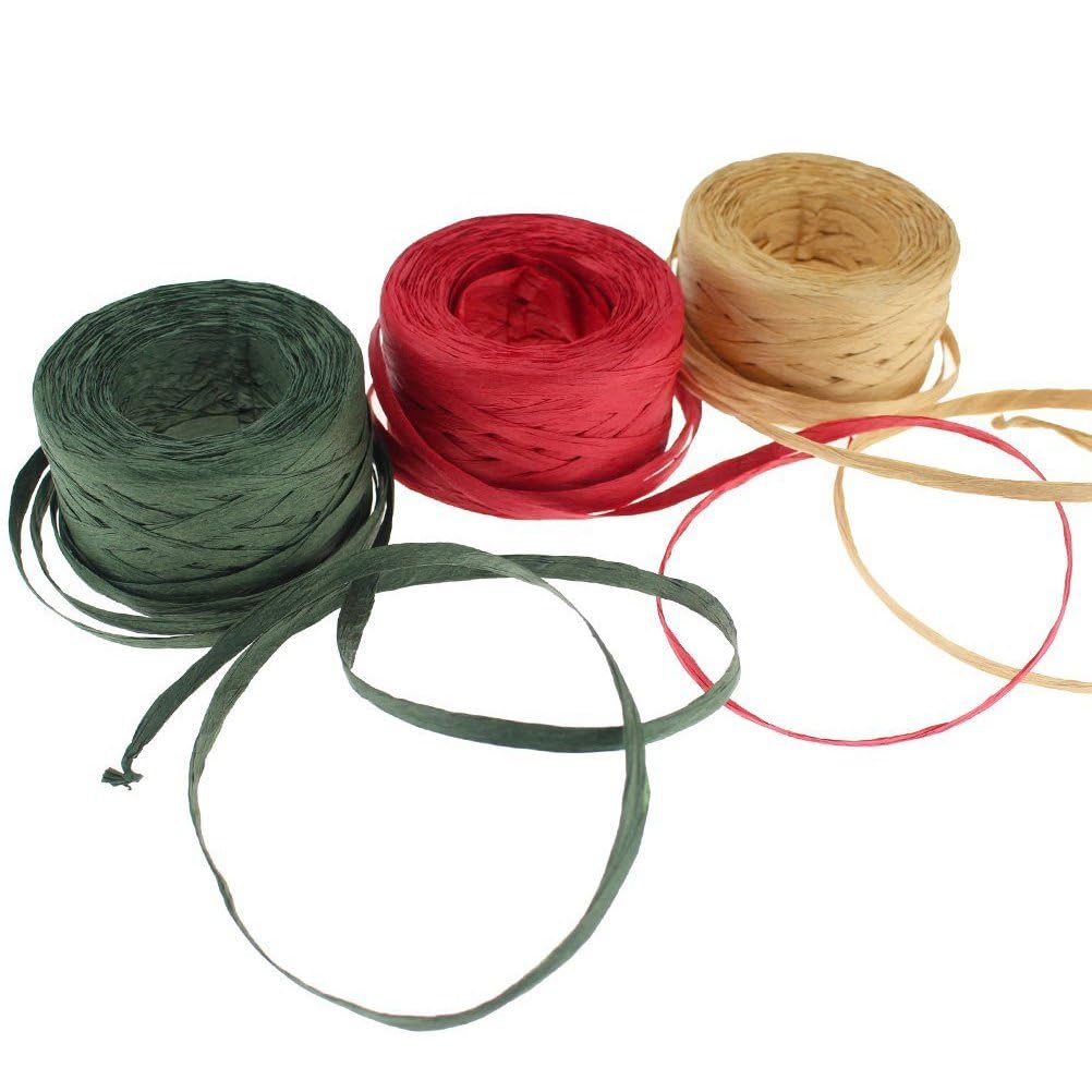 POPOYU 3Rolls 150M Christmas Raffia Paper Ribbon,Natural Green Red Raffia Paper String Packing Ribbon Raffia Yarn Christmas Matte Raffia Twine Ribbons for Gift Wrapping Christmas Party Supplies