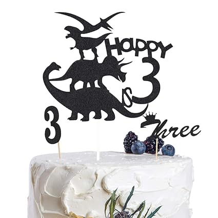 Happy 3rd Birthday Cake Topper Dinosaur Theme Black Glitter