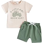 fhutpw Toddler Baby Boy Summer Clothes Tractor Letter Short Sleeve T-Shirt Tops Pockets Casual Shorts Set Infant Outfits