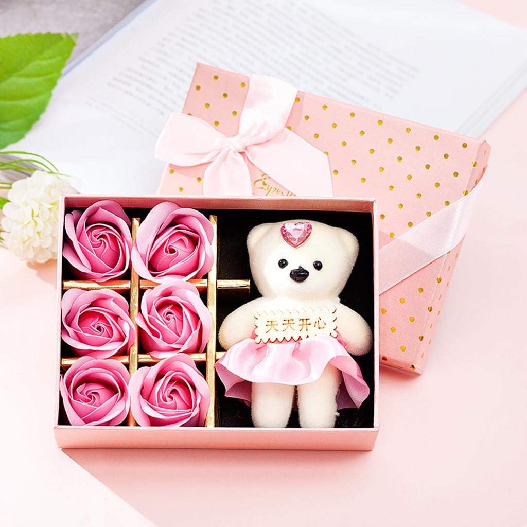 Lukame Valentine's Day Rose Box, 6 Flowers Soap Flower, Soap Flower Rose Bouquet Bear Gift Box Festival (C)