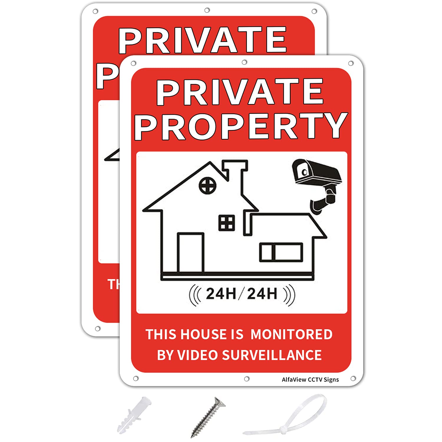 Alfaview Private Property 24Hour Video Surveillance Sign, 10" x 7" .040 Aluminum Reflective Metal Warning Sign,-UV Protected, Rustproof,Waterproof, Fade Resistant for Home Business­ (2)