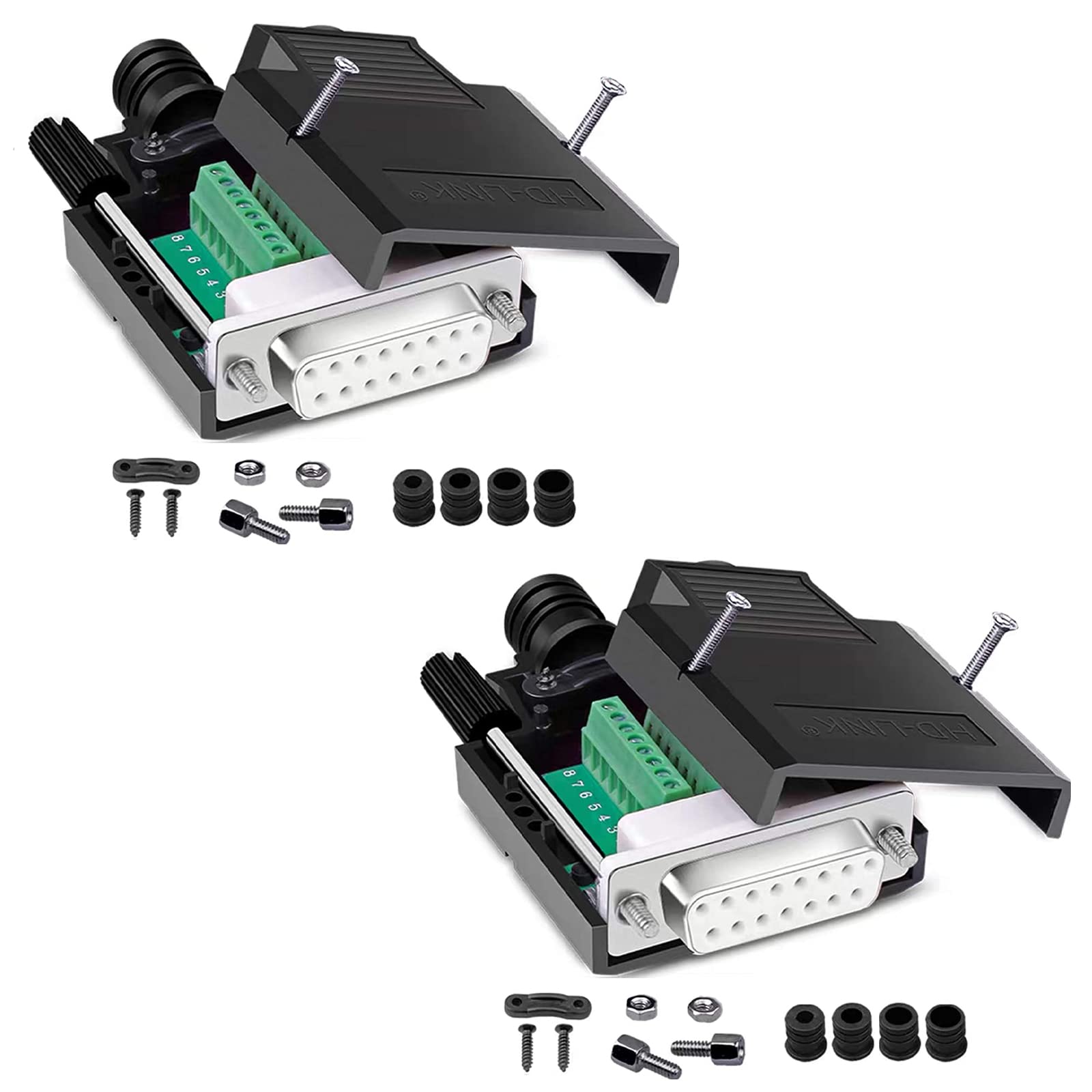 PENGLIN 2PCS DB15 Solderless Female Connector RS232 D-SUB Serial Adapters, 16mm thinner 15 Pins Solderfree Breakout Board Connector with Case Accessories — image 1