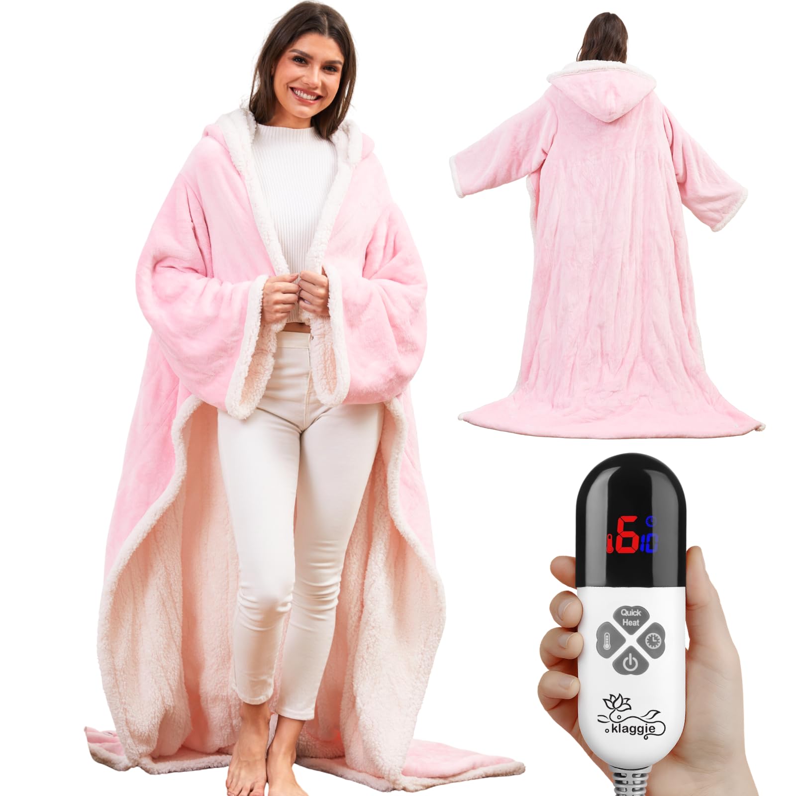 Photo 1 of **FACTORY SEALED** Klaggie Wearable Heated Blanket with Foot Pocket Sleeves, Heated Robe Heated Snuggie, 6 Heating Levels 4 Hours Auto-Off, Overheat Protection Machine Washable, 50”x70”, Pink