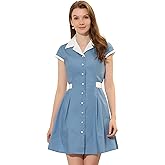 Allegra K Women's Vintage Button Down Shirt Dress Notch Lapel Short Sleeve Belted Office Mini Short Dresses