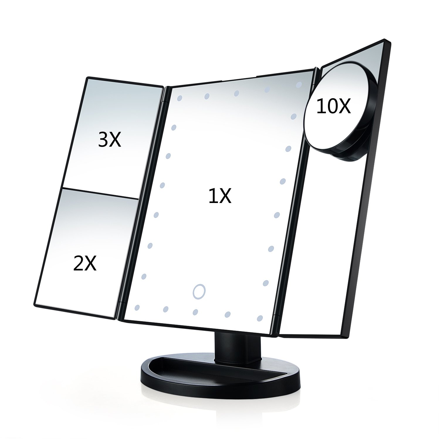 Specchio per trucco triplo da tavolo, illuminato da 22 LED, con touchscreen, supporto regolabile a 180°, doppia modalità di alimentazione, da viaggio White (nero)