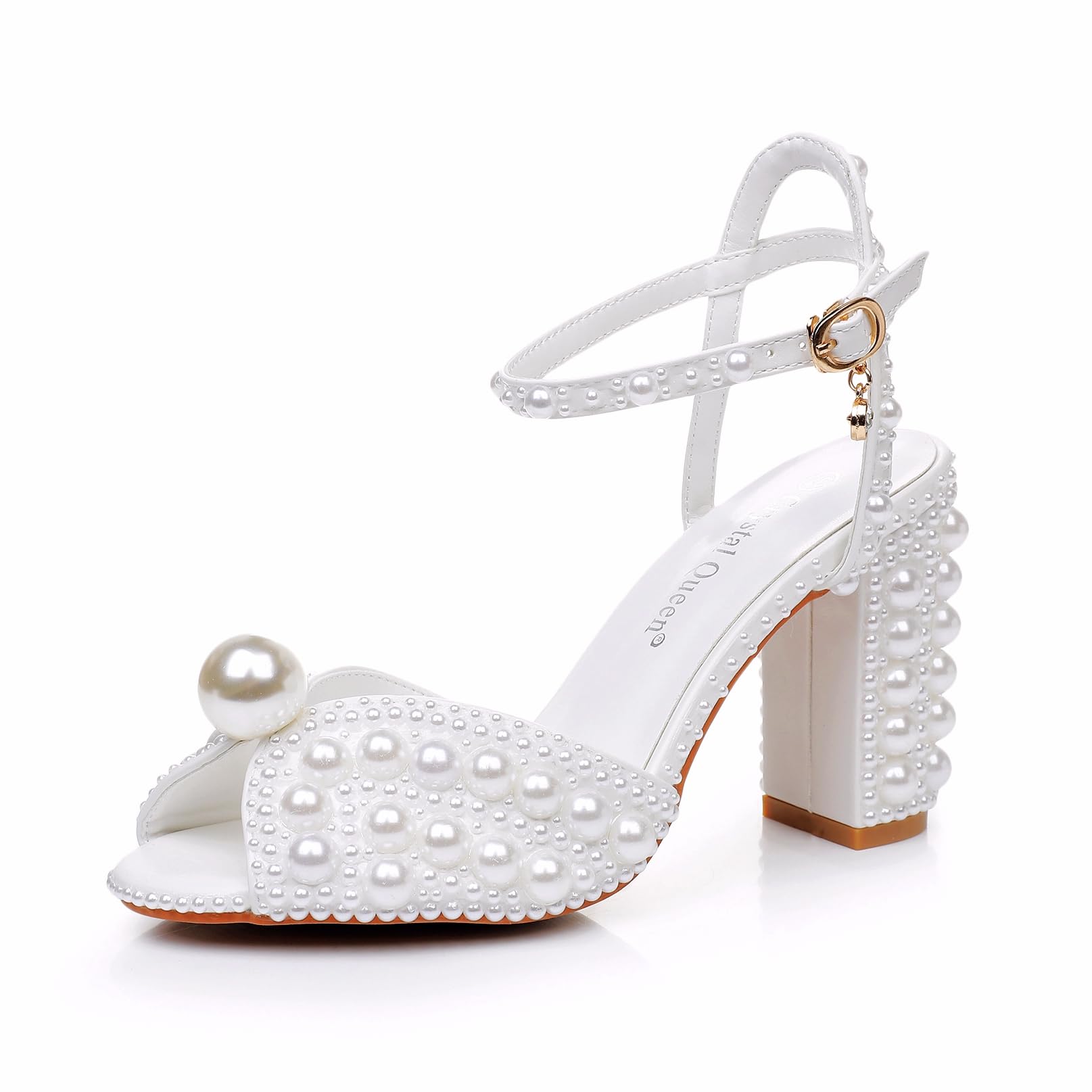 Photo 1 of Crystal Queen 3.75 Inches Ivory Pearls Block Heel Sandals Chunky High Heels Peep Toe Sandals White Pearls Bridal Wedding Shoes Evening Wedding Sandals Pump Heels For Bride JC09QP5P12-White-41