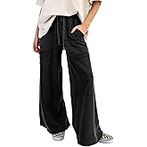 SELINK Casual Pants for Women Mineral Wash Lace-up Elastic High Waist Raw Hem Patched Pocket Solid Daily Trousers