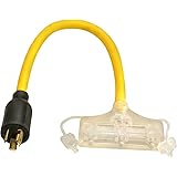 Coleman Cable 90848802 Generator Power Cord Adapter, 12/3 Splitter 3-way Adapter, L5-20P to (3) Lighted 5-15R, 2-Foot,Yellow