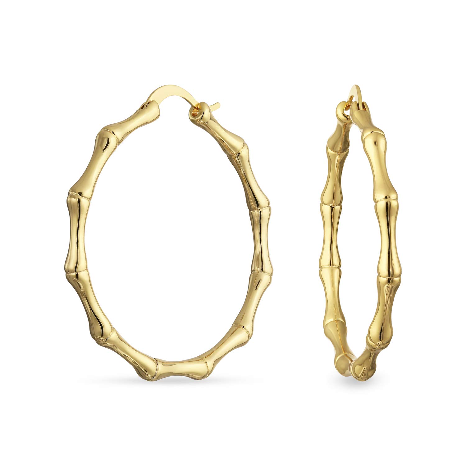 Large Round Fashion Statement Bamboo Hoop Earrings for Women Teen Piercing Yellow Gold Plated High Polished Latch Back Closure 1.5 Inch Diameter