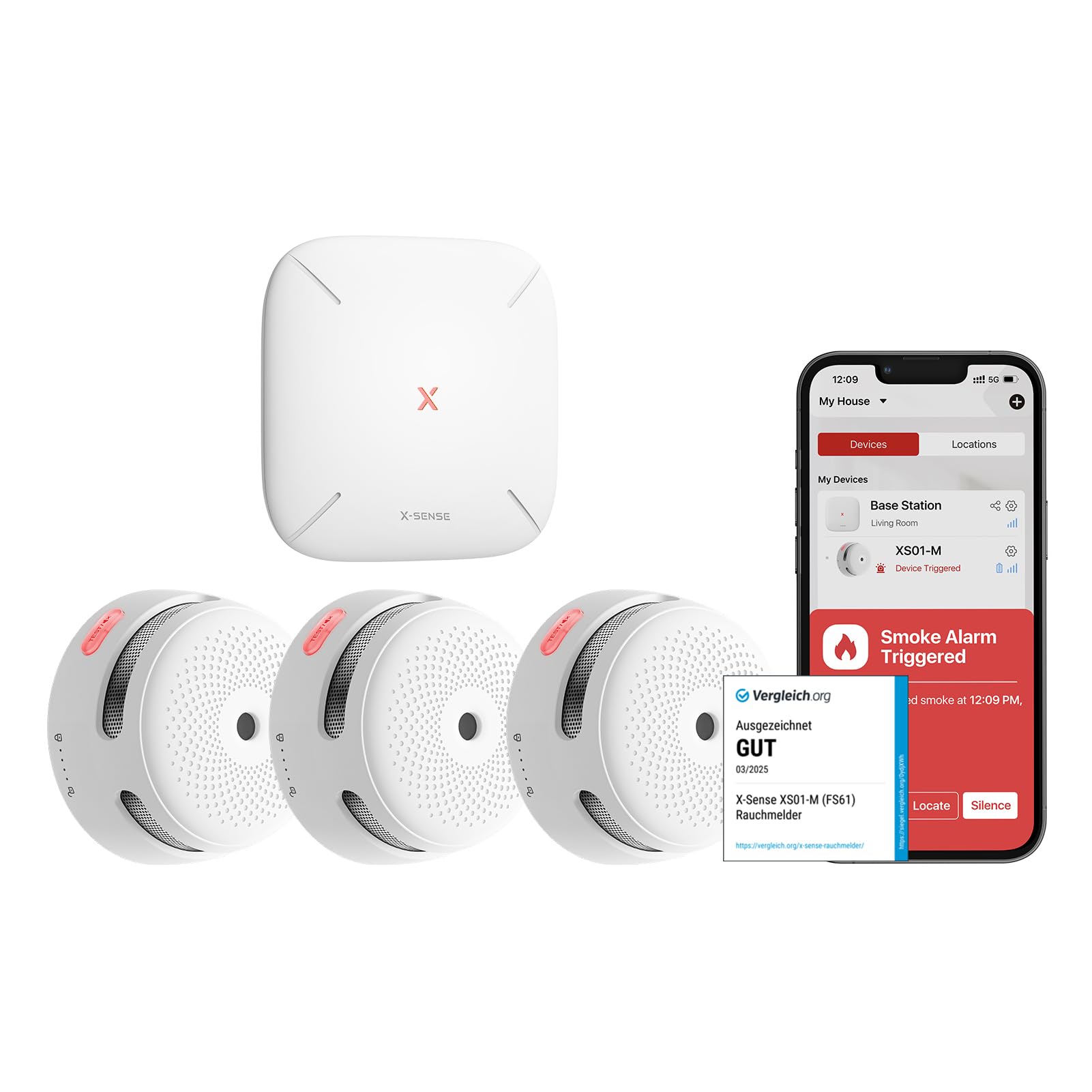 X-Sense Wi-Fi Smoke Alarms for Home with SBS50 Base Station, Wireless Interlinked Smart Smoke Alarm Home Security System, Smart Fire Alarm, Compatible with X-Sense Home Security APP, FS31
