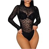 Milumia Women's Leopard Print Long Sleeve Mesh Bodysuit Mock Neck Sheer Jumpsuits Leotard