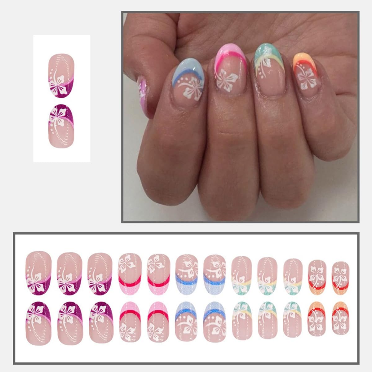 Short Flower Press on Nails Oval Fake Nails Colorful French Tip Acrylic Glue on Nails Spring Summer False Nails with White Floral Designs Glossy Stick on Nails for Women Girls 24 Pcs - Image 3