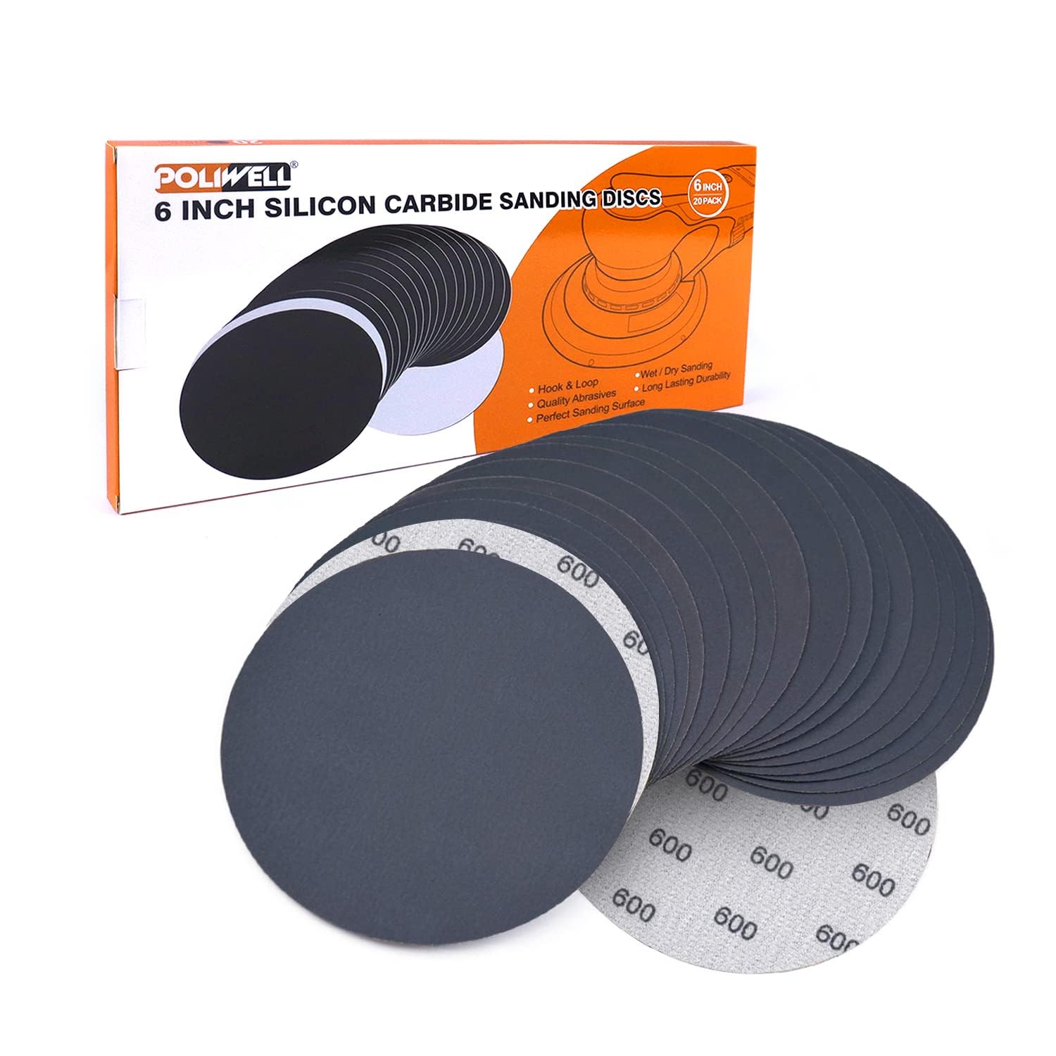 6 Inch (150mm) 600 Grit High Performance Waterproof Hook & Loop Sanding Discs Heavy Duty Silicon Carbide Round Flocking Sandpaper for Wet/Dry Sanding Grinder Polishing Accessories, 20-Pack