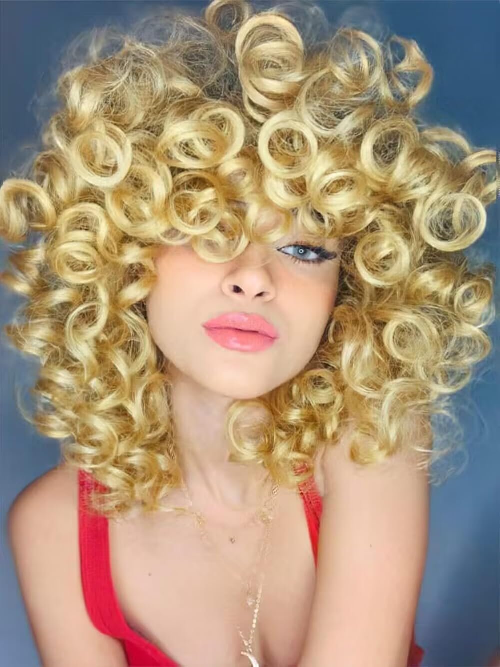 ISAMY 14 Inch Short Curly Wigs for Black Women Afro Kinky Curly Wigs with Bangs Big Bouncy Loose Cute Curly Fluffy Wavy Synthetic Hair (Blonde)