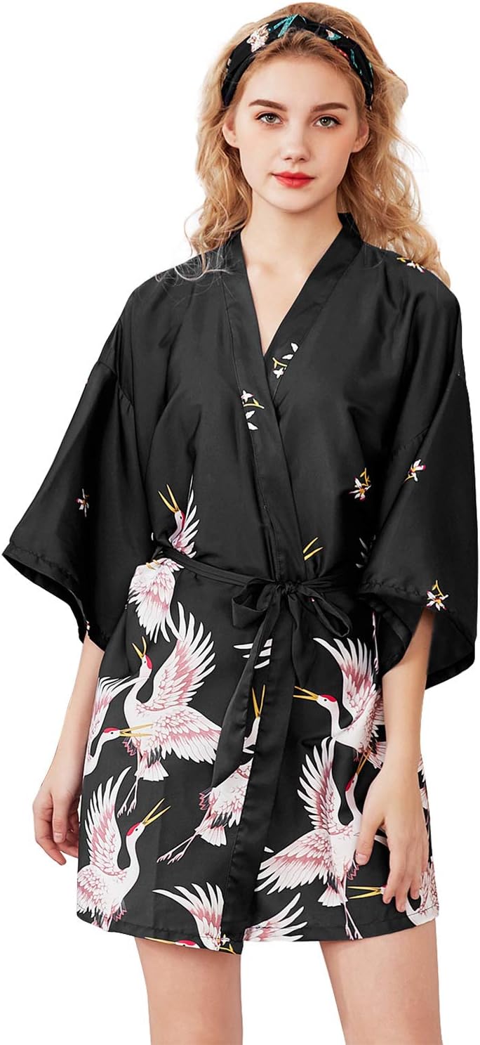 Shymay Women's Kimono Robe Satin Short Robe Bridesmaid Party Nightgown Sleepwear Loungewear