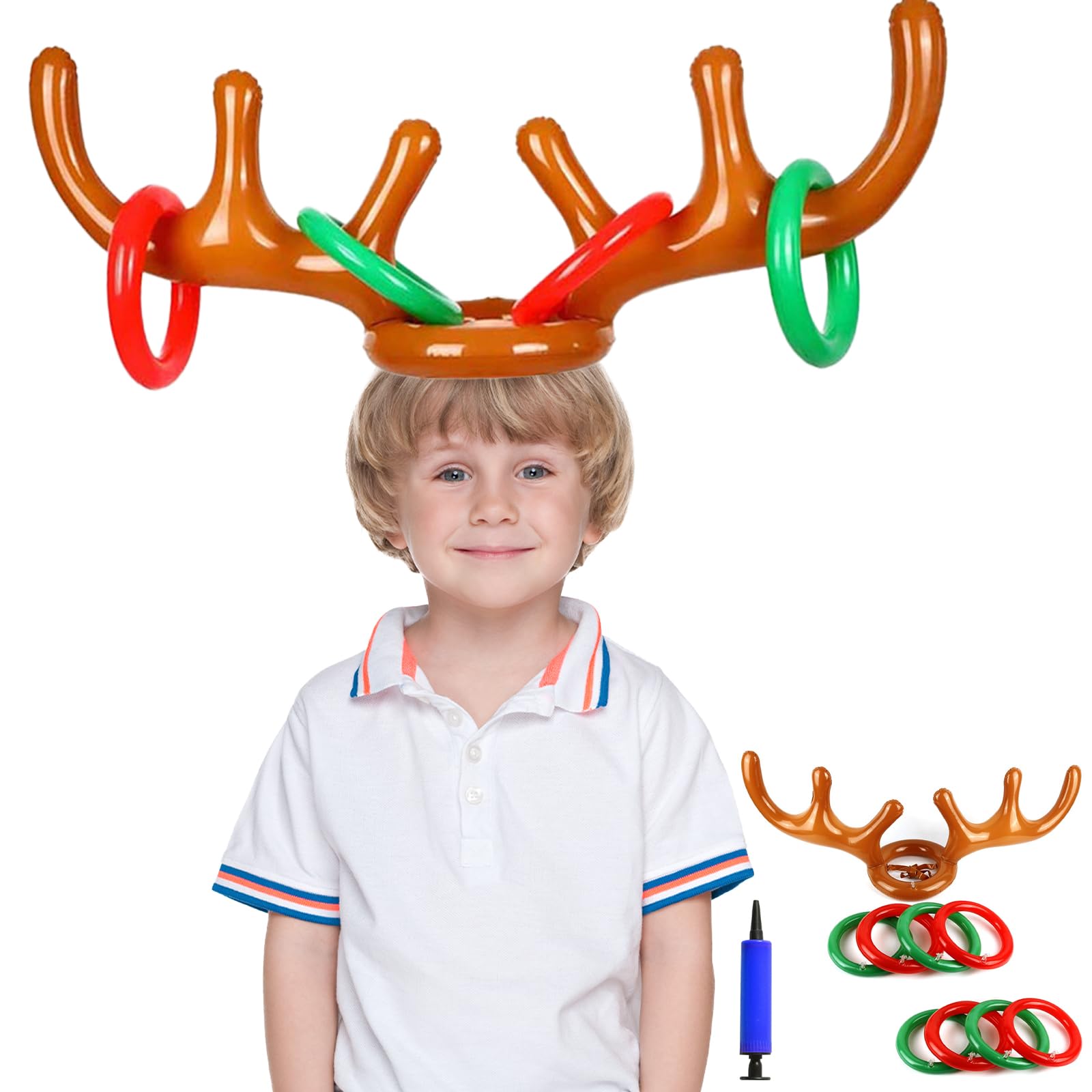 MUNSKT Inflatable Antler Reindeer Hat - 8 Ring Toss Game, 1 Pump - Perfect for Family Xmas Fun and Christmas Party
